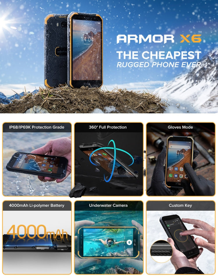 [HK Warehouse] Ulefone Armor X6 Rugged Phone, 2GB+16GB, IP68/IP69K Waterproof Dustproof Shockproof, Face Identification, 4000mAh Battery, 5.0 inch Android 9.0 MTK6580A/W Quad Core up to 1.3GHz, Network: 3G(Black) - Ulefone by Ulefone | Online Shopping South Africa | PMC Jewellery