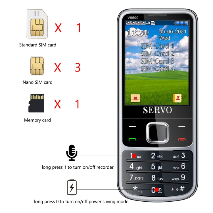 SERVO V9500 Mobile Phone, English Key, 2.4 inch, Spredtrum SC6531CA, 21 Keys, Support Bluetooth, FM, Magic Sound, Flashlight, GSM, Quad SIM(Black) - SERVO by SERVO | Online Shopping South Africa | PMC Jewellery
