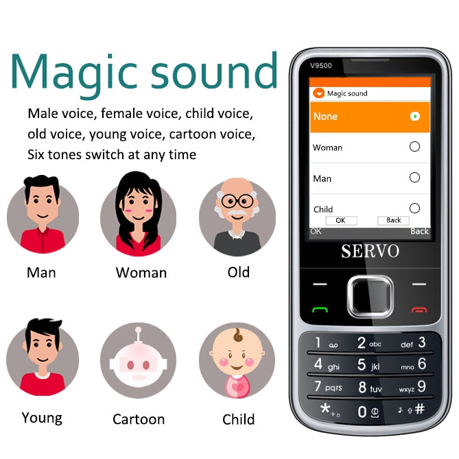 SERVO V9500 Mobile Phone, English Key, 2.4 inch, Spredtrum SC6531CA, 21 Keys, Support Bluetooth, FM, Magic Sound, Flashlight, GSM, Quad SIM(Black) - SERVO by SERVO | Online Shopping South Africa | PMC Jewellery