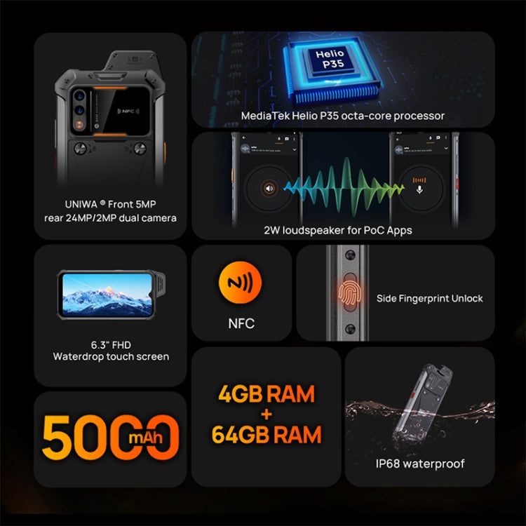 UNIWA W888 Explosion-proof Rugged Phone, 4GB+64GB, IP68 Waterproof Dustproof Shockproof, 5000mAh Battery, 6.3 inch Android 11 MTK6765 Helio P35 Octa Core up to 2.35GHz, Network: 4G, NFC, OTG(Black) - UNIWA by UNIWA | Online Shopping South Africa | PMC TechLife