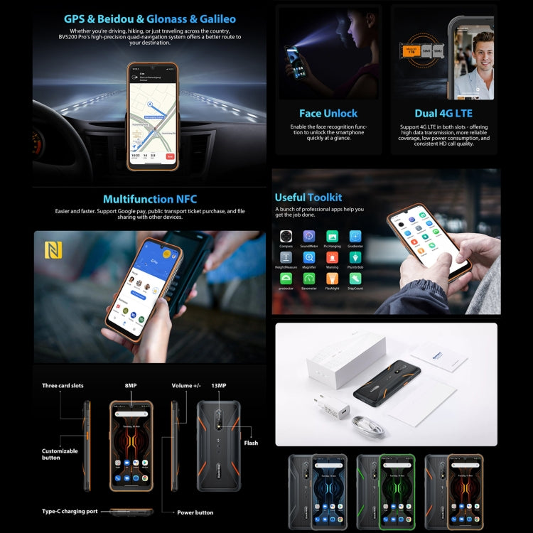 [HK Warehouse] Blackview BV5200 Pro Rugged Phone, 4GB+64GB, IP68/IP69K/MIL-STD-810H, Face Unlock, 5180mAh Battery, 6.1 inch Android 12 MTK6765 Helio G35 Octa Core up to 2.3GHz, Network: 4G, NFC, OTG, Dual SIM(Black) - Blackview by Blackview | Online Shopping South Africa | PMC Jewellery