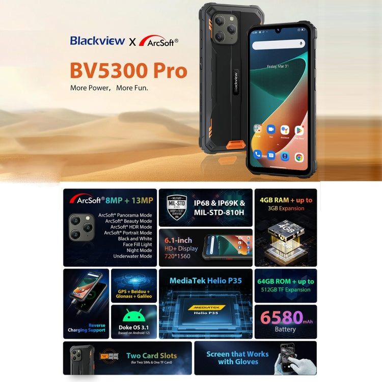 Blackview BV5300 Pro Rugged Phone, 4GB+64GB, IP68/IP69K/MIL-STD-810H, Face Unlock, 6580mAh Battery, 6.1 inch Android 12 MTK6765 Helio P35 Octa Core up to 2.3GHz, Network: 4G, OTG, NFC, Dual SIM(Orange) - Blackview by Blackview | Online Shopping South Africa | PMC Jewellery | Buy Now Pay Later Mobicred