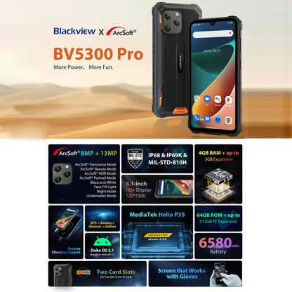 Blackview BV5300 Pro Rugged Phone, 4GB+64GB, IP68/IP69K/MIL-STD-810H, Face Unlock, 6580mAh Battery, 6.1 inch Android 12 MTK6765 Helio P35 Octa Core up to 2.3GHz, Network: 4G, OTG, NFC, Dual SIM(Orange) - Blackview by Blackview | Online Shopping South Africa | PMC Jewellery | Buy Now Pay Later Mobicred