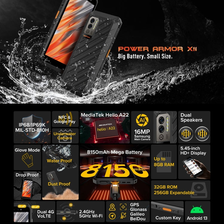 [HK Warehouse] Ulefone Power Armor X11 Rugged Phone, 4GB+32GB, IP68/IP69K Waterproof Dustproof Shockproof,  8150mAh Battery, 5.45 inch Android 13 MediaTek Helio A22 Quad Core up to 2.0GHz, Network: 4G, OTG, NFC, Global Version with Google Play(Black) - Ulefone by Ulefone | Online Shopping South Africa | PMC Jewellery