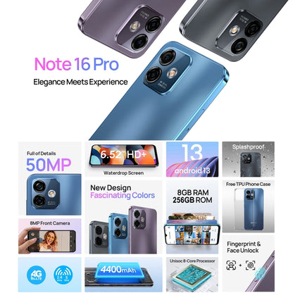 [HK Warehouse] Ulefone Note 16 Pro, 8GB+256GB, Dual Back Cameras, Face ID & Side Fingerprint Identification, 4400mAh Battery, 6.52 inch Android 13 Unisoc T606 Octa Core up to 1.6GHz, Network: 4G, Dual SIM, OTG (Black) - Ulefone by Ulefone | Online Shopping South Africa | PMC Jewellery