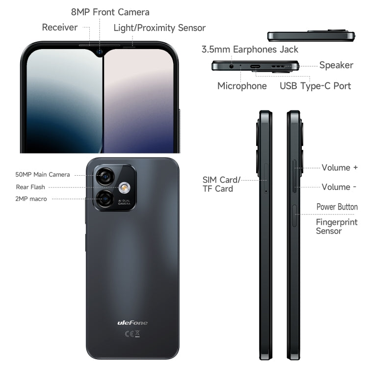 [HK Warehouse] Ulefone Note 16 Pro, 4GB+128GB, Dual Back Cameras, Face ID & Side Fingerprint Identification, 4400mAh Battery, 6.52 inch Android 13 Unisoc T606 Octa Core up to 1.6GHz, Network: 4G, Dual SIM, OTG (Black) - Ulefone by Ulefone | Online Shopping South Africa | PMC Jewellery