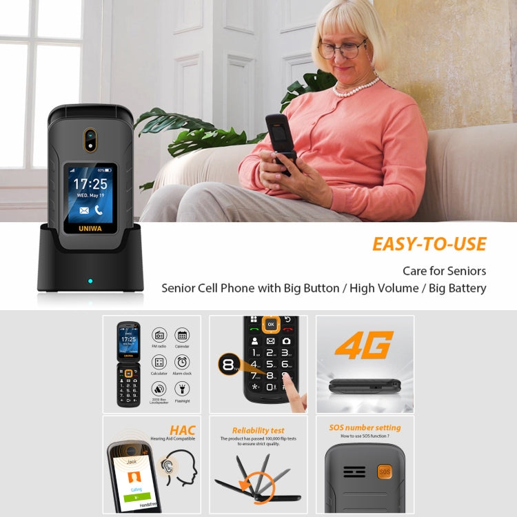 UNIWA V909T Flip Phone, 2.8 inch + 1.77 inch, UNISOC Tiger T107, Support Bluetooth, FM, Network: 4G, SOS, with Charge Dock Base(Black) - UNIWA by UNIWA | Online Shopping South Africa | PMC TechLife