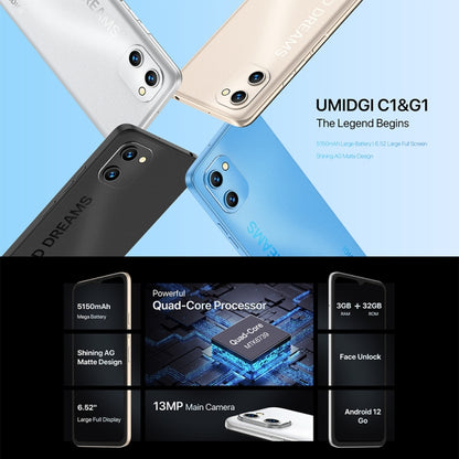 [HK Warehouse] UMIDIGI C1,3GB+32GB, Dual Back Cameras, 5150mAh Battery, Face Identification, 6.52 inch Android 12 Go MTK6739 Quad Core up to 1.5GHz, Network: 4G, OTG, Dual SIM(Matte Silver) - UMIDIGI by UMIDIGI | Online Shopping South Africa | PMC Jewellery