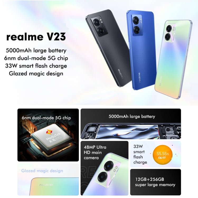 Realme V23 5G, 48MP Camera, 8GB+256GB, Dual Back Cameras, Side Fingerprint Identification, 5000mAh Battery, 6.58 inch Realme UI 3.0 / Android 12 MediaTek Dimensity 810 Octa Core up to 2.4GHz, Network: 5G, Support Google Play(Blue) - free shipping - PMC TechLife - Order now!