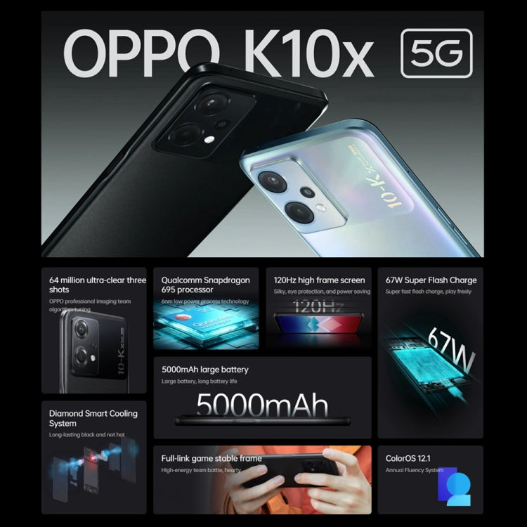 OPPO K10x 5G, 8GB+256GB, 64MP Camera, Chinese Version, Triple Rear Cameras, Side Fingerprint Identification, 6.59 inch ColorOS 12.1 Qualcomm Snapdragon 695 Octa Core up to 2.2GHz, Network: 5G, Support Google Play(Aurora) - OPPO by OPPO | Online Shopping South Africa | PMC Jewellery