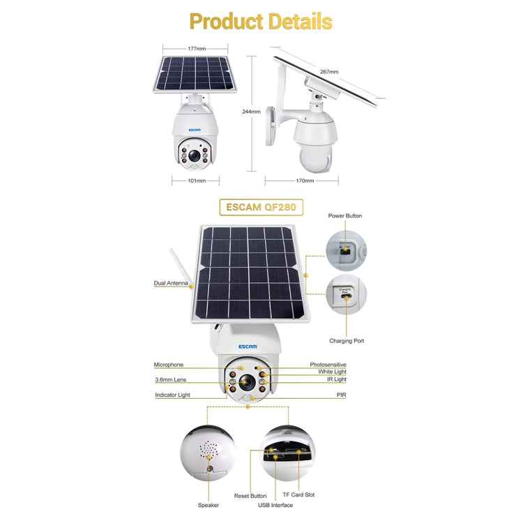ESCAM QF280 HD 1080P IP66 Waterproof WiFi Solar Panel PT IP Camera without Battery, Support Night Vision / Motion Detection / TF Card / Two Way Audio (White) - free shipping - PMC TechLife - Order now!