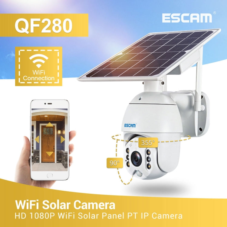 ESCAM QF280 HD 1080P IP66 Waterproof WiFi Solar Panel PT IP Camera without Battery, Support Night Vision / Motion Detection / TF Card / Two Way Audio (White) - free shipping - PMC TechLife - Order now!