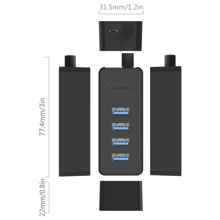 ORICO W5P-U3-30 4-Port USB 3.0 Desktop HUB with 30cm Micro USB Cable Power Supply(Black) - free shipping - PMC TechLife - Order now!