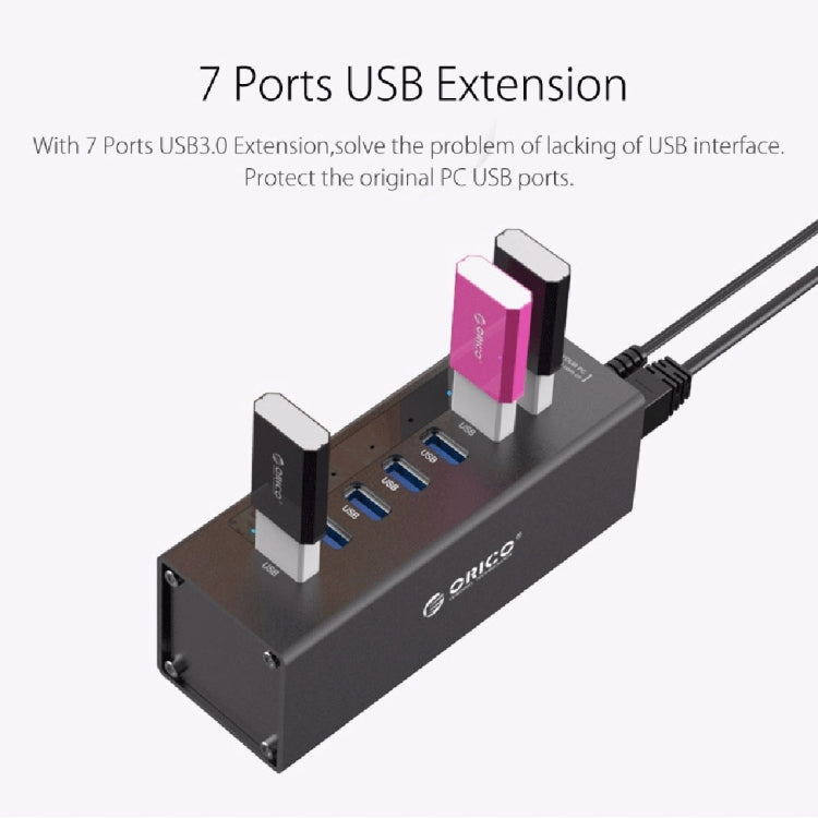 ORICO A3H7 Aluminum High Speed 7 Ports USB 3.0 HUB with 12V/2.5A Power Supply for Laptops(Black) - free shipping - PMC TechLife - Order now!