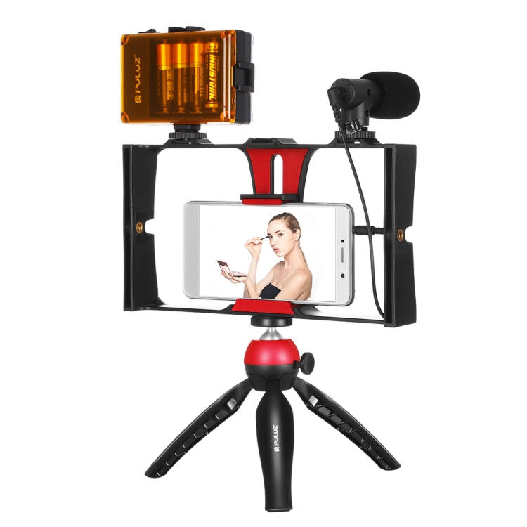 PULUZ 4 in 1 Vlogging Live Broadcast LED Selfie Light Smartphone Video Rig Kits with Microphone + Tripod Mount + Cold Shoe Tripod Head for iPhone, Galaxy, Huawei, Xiaomi, HTC, LG, Google, and Other Smartphones(Red) - Camera Cage by PULUZ | Online Shopping South Africa | PMC TechLife | Buy Now Pay Later Mobicred