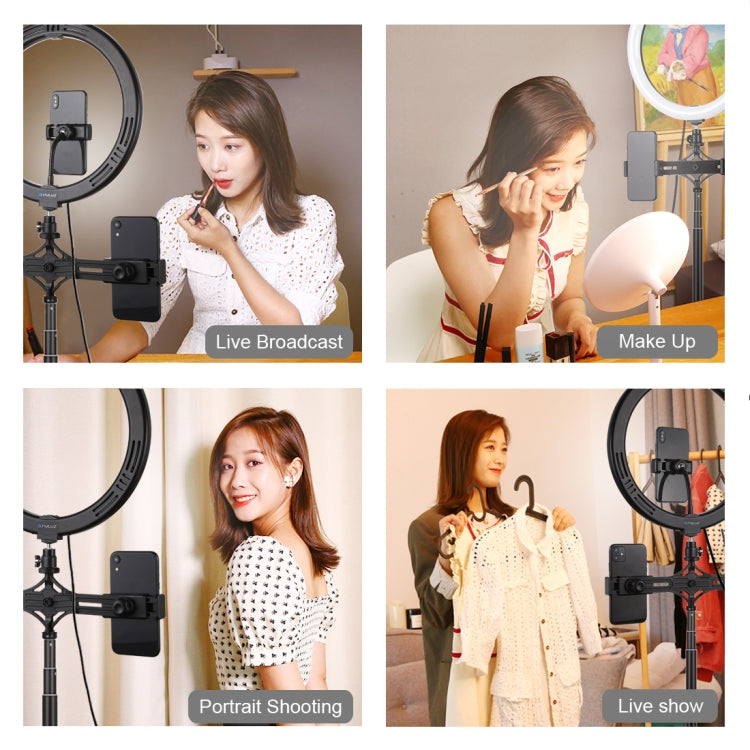 PULUZ 11.8 inch 30cm Light + 1.65m Tripod + Dual Phone Bracket Curved Surface USB 3 Modes Dimmable Dual Color Temperature LED Ring Vlogging Video Light  Live Broadcast Kits with Phone Clamp(Black) - free shipping - PMC TechLife - Order now!