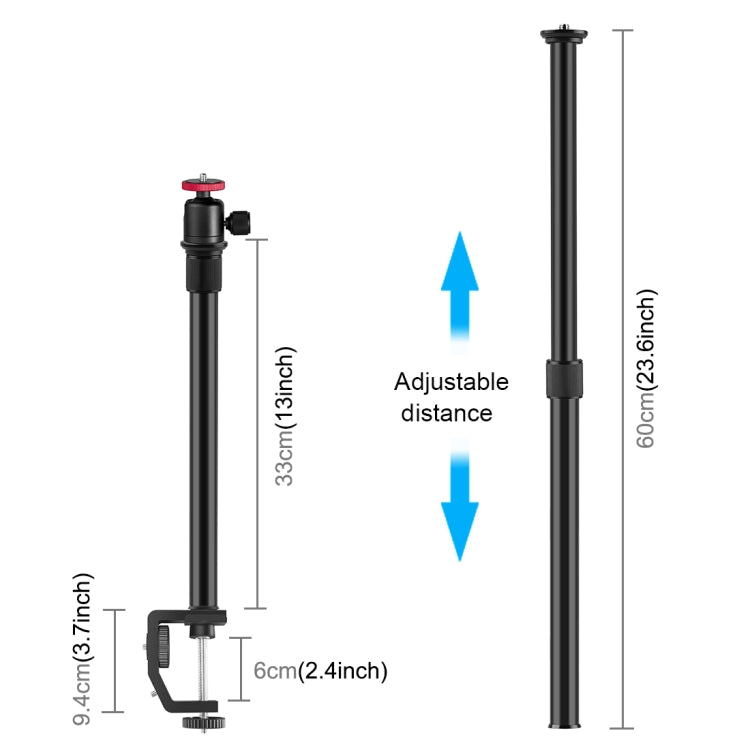 PULUZ C Clamp Mount Light Stand Extension Central Shaft Rod Monopod Holder Kits with Ball-Head, Rod Length: 33-60cm(Black) - Monopods by PULUZ | Online Shopping South Africa | PMC TechLife