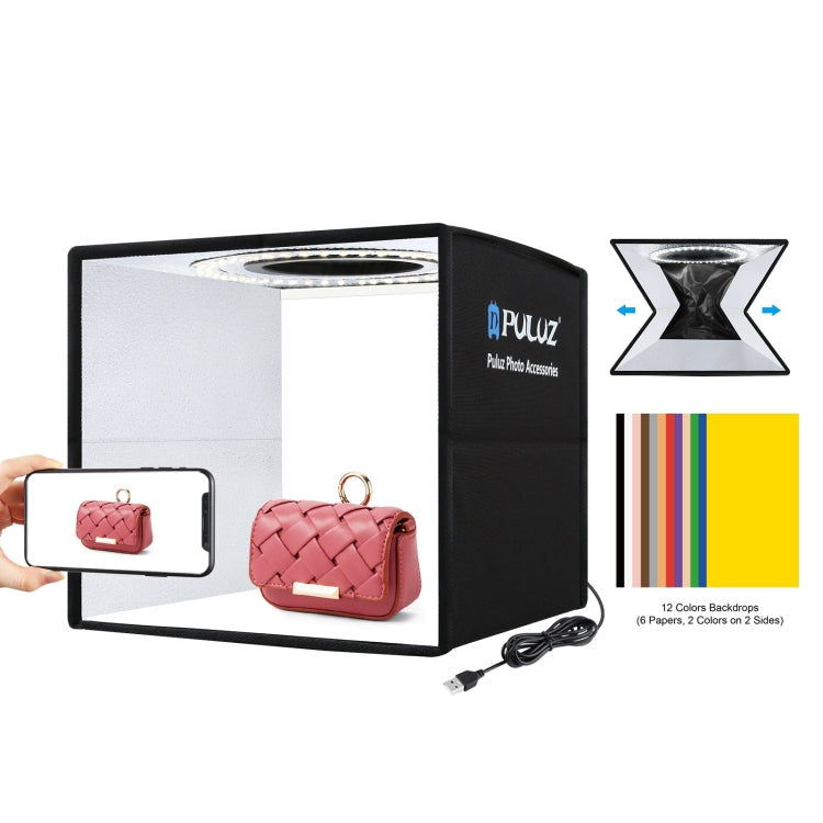 PULUZ 25cm Folding Portable High 97 CRI Ring Light Photo Lighting Studio Shooting Tent Box with 12 Colors Backdrops, Size: 25cm x 25cm x 25cm(Black) - free shipping - PMC TechLife - Order now!