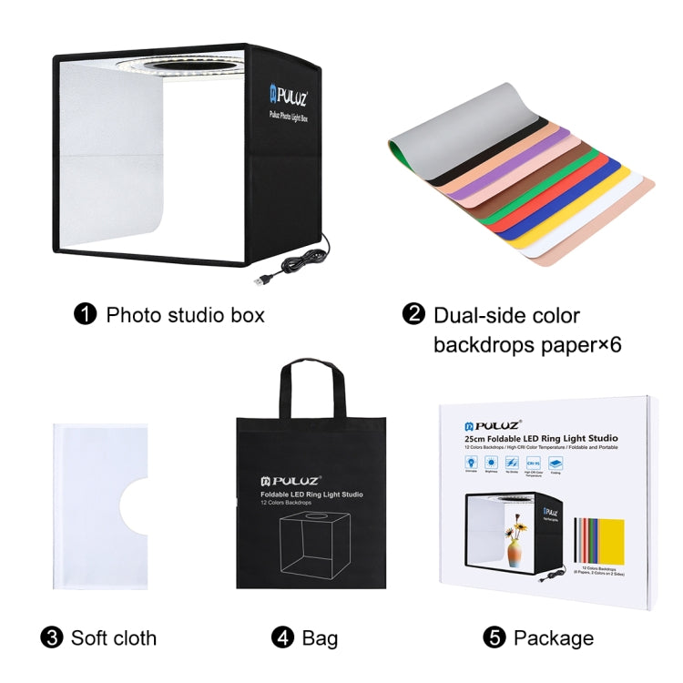 PULUZ 25cm Folding Portable High 97 CRI Ring Light Photo Lighting Studio Shooting Tent Box with 12 Colors Backdrops, Size: 25cm x 25cm x 25cm(Black) - free shipping - PMC TechLife - Order now!