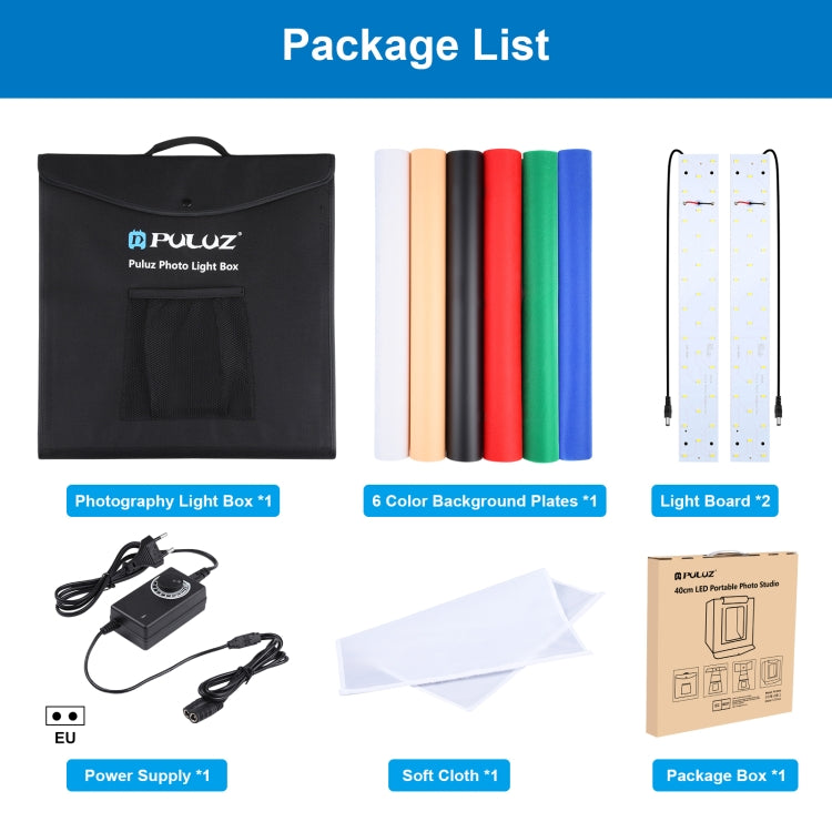 PULUZ 40cm Folding Portable 24W 5500K White Light Dimmable Photo Lighting Studio Shooting Tent Box Kit with 6 Colors (Black, Orange, White, Red, Green, Blue) Backdrops(EU Plug) - free shipping - PMC TechLife - Order now!