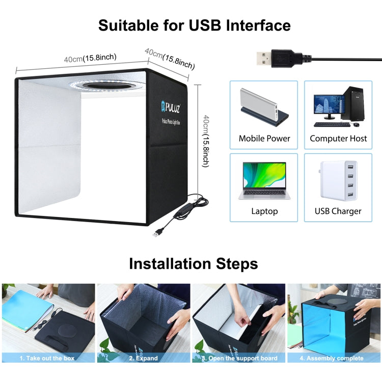 PULUZ 40cm Folding Portable Ring Light USB Photo Lighting Studio Shooting Tent Box with 6 x Dual-side Color Backdrops, Size: 40cm x 40cm x 40cm(Black) - free shipping - PMC TechLife - Order now!