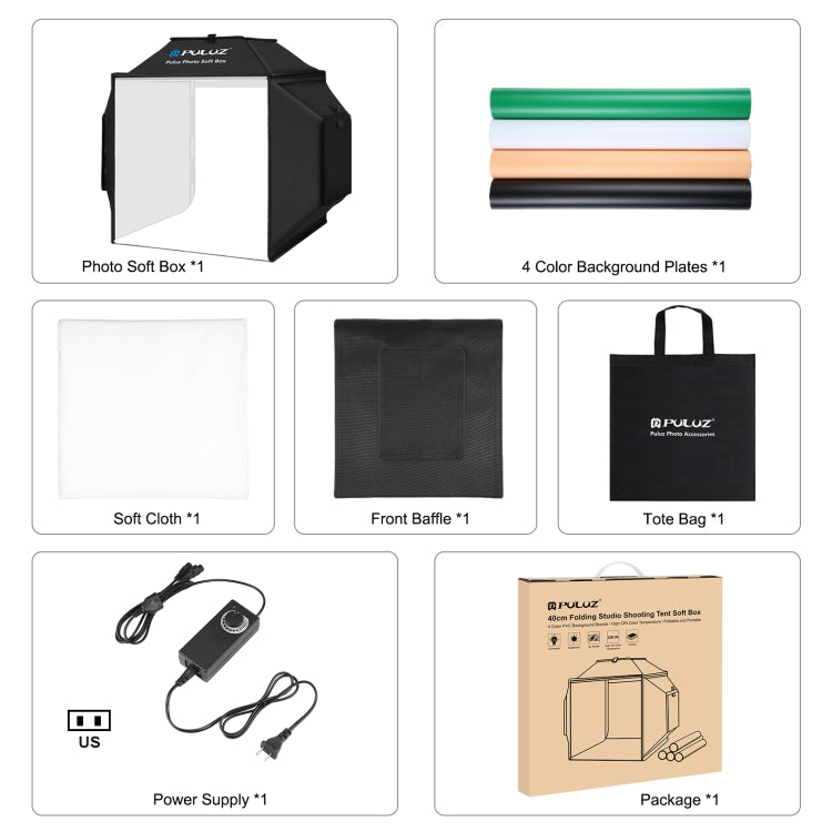 PULUZ 40cm Folding 72W 5500K Studio Shooting Tent Soft Box Photography Lighting Kit with 4 Colors (Black, Orange, White, Green) Backdrops(US Plug) - free shipping - PMC TechLife - Order now!