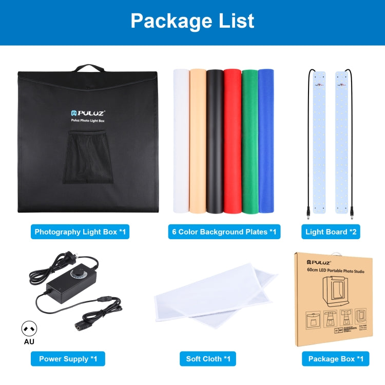 PULUZ Photo Studio Light Box Portable 60 x 60 x 60 cm Light Tent LED 5500K White Light Dimmable Mini 36W Photography Studio Tent Kit with 6 Removable Backdrops (Black Orange White Green Blue Red)(AU Plug) - free shipping - PMC TechLife - Order now!