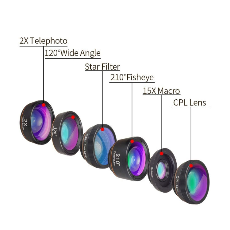 APEXEL APL-DG6V2 6 in 1 Universal External 2X Telephone+210 Degrees Fisheye+15X Macro+120 degree Wide-angle+CPL+Star Filter Lens - Combination Lens by APEXEL | Online Shopping South Africa | PMC TechLife