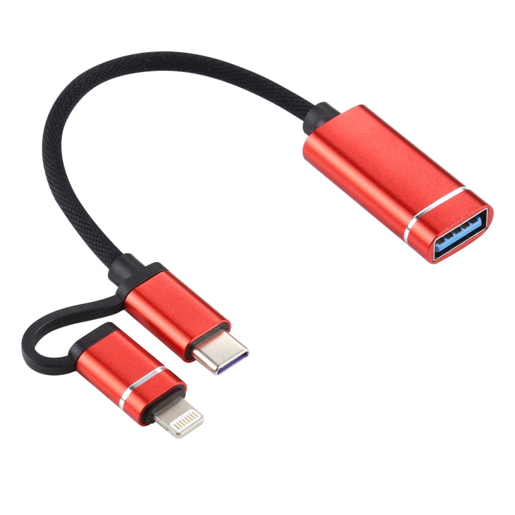 USB 3.0 Female to 8 Pin + USB-C / Type-C Male Charging + Transmission OTG Nylon Braided Adapter Cable, Cable Length: 11cm(Red) - Converter & Adapter by PMC Jewellery | Online Shopping South Africa | PMC Jewellery