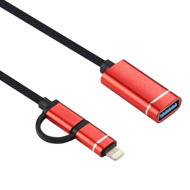 USB 3.0 Female to 8 Pin + USB-C / Type-C Male Charging + Transmission OTG Nylon Braided Adapter Cable, Cable Length: 11cm(Red) - Converter & Adapter by PMC Jewellery | Online Shopping South Africa | PMC Jewellery