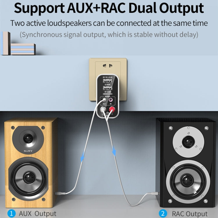 K16 2 in 1 3.5mm AUX + RAC Dual Output Plug-in Bluetooth 5.0 Audio Transmitter Receiver with Remote Control, CN Plug (Black) - Audio Receiver Transmitter by PMC Jewellery | Online Shopping South Africa | PMC Jewellery