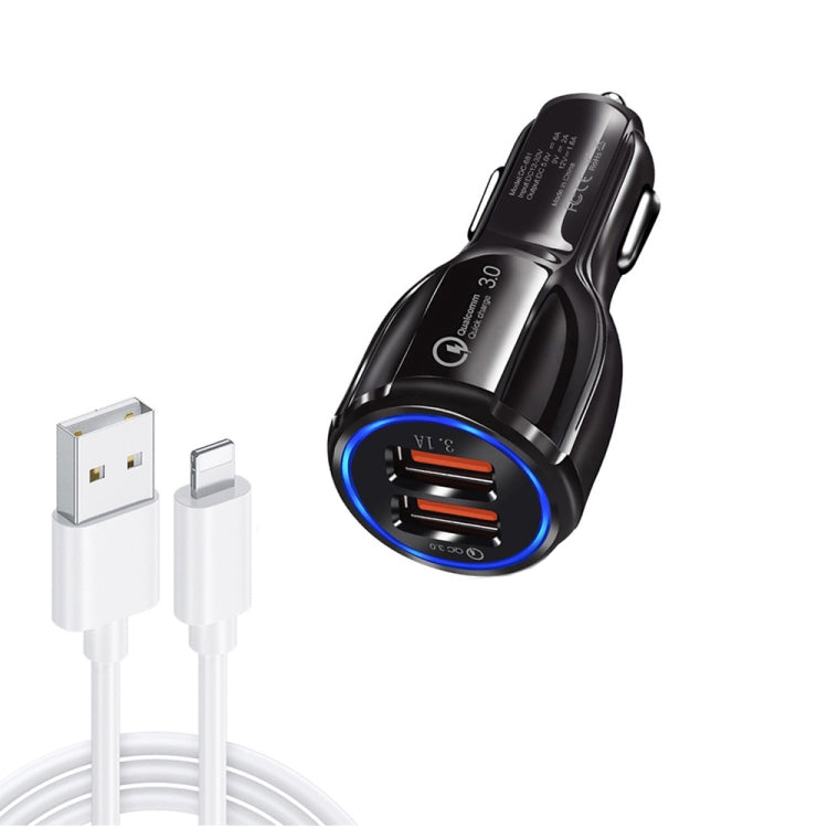 Qc3.0 Dual USB Car Charger + 8 Pin Fast Charging Line Car Charging Kit(Black) - Car Charger by PMC TechLife | Online Shopping South Africa | PMC TechLife
