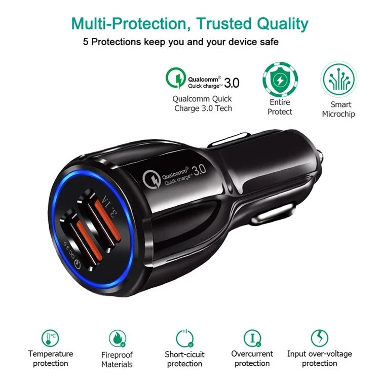 Qc3.0 Dual USB Car Charger + 8 Pin Fast Charging Line Car Charging Kit(Black) - Car Charger by PMC TechLife | Online Shopping South Africa | PMC TechLife