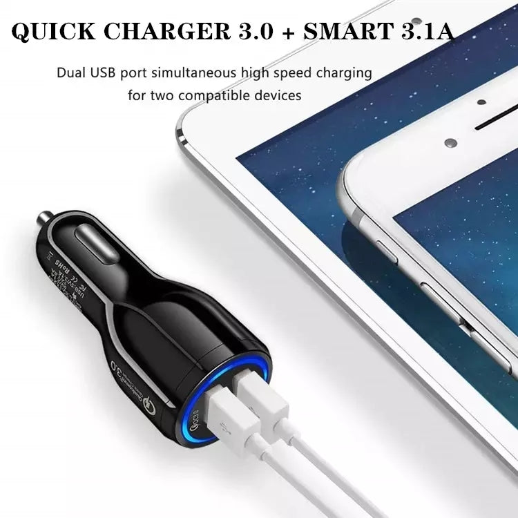 Qc3.0 Dual USB Car Charger + Micro USB Fast Charging Cable Car Charging Kit(Black) - Car Charger by PMC TechLife | Online Shopping South Africa | PMC TechLife