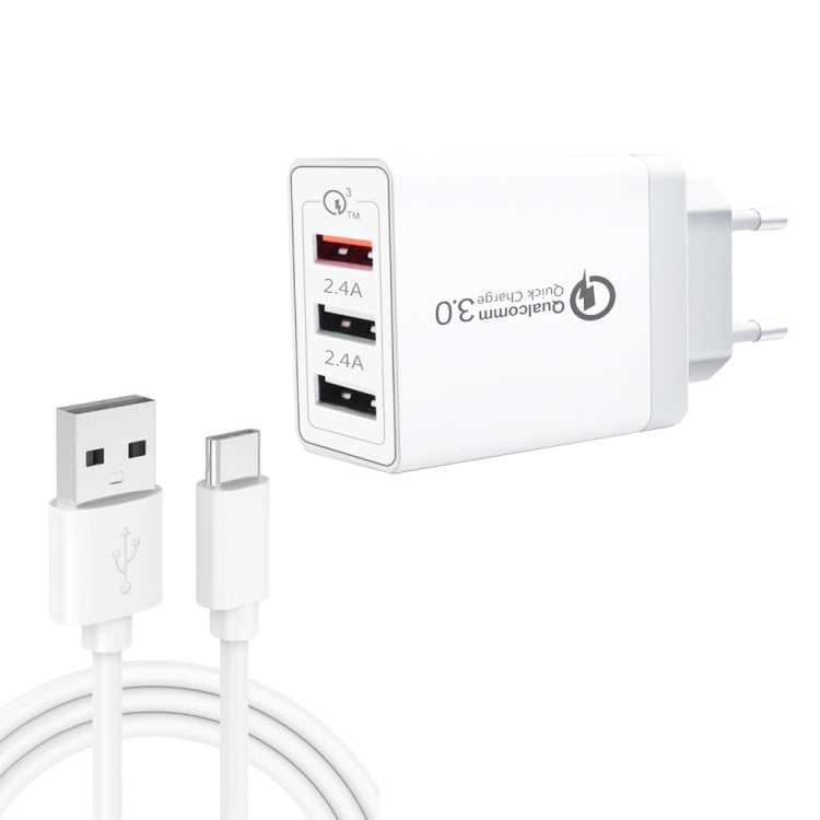 SDC-30W 2 in 1 USB to USB-C / Type-C Data Cable + 30W QC 3.0 USB + 2.4A Dual USB 2.0 Ports Mobile Phone Tablet PC Universal Quick Charger Travel Charger Set, EU Plug - free shipping - PMC TechLife - Order now!