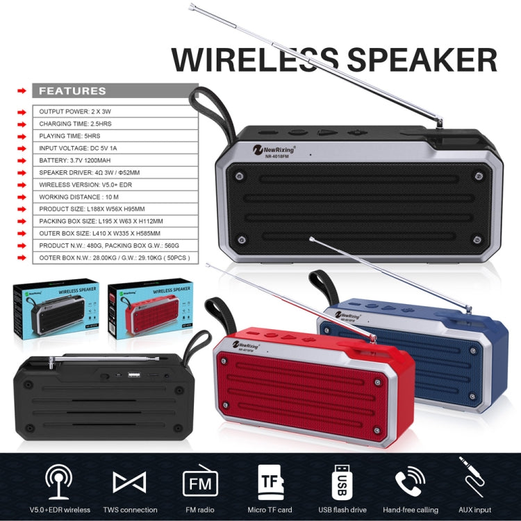 NewRixing NR4018FM TWS Portable Stereo Bluetooth Speaker, Support TF Card / FM / 3.5mm AUX / U Disk / Hands-free Call(Blue) - Mini Speaker by New Rixing | Online Shopping South Africa | PMC TechLife