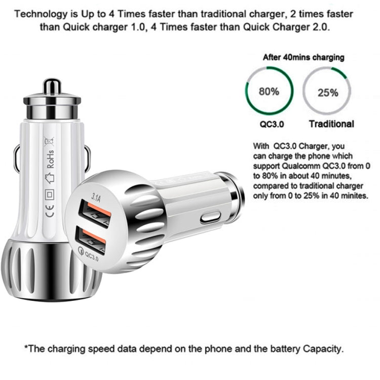 YSY-310QC18W QC3.0 Dual Port USB Car Charger + 3A USB to USB-C / Type-C Data Cable, Cable Length: 1m(White) - Car Charger by PMC TechLife | Online Shopping South Africa | PMC TechLife