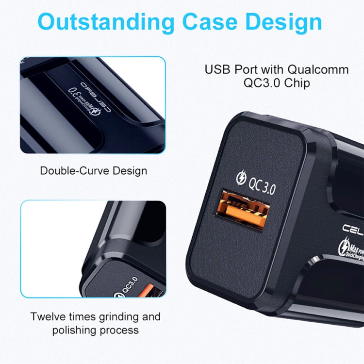 LZ-023 18W QC 3.0 USB Portable Travel Charger + 3A USB to Micro USB Data Cable, EU Plug(Black) - free shipping - PMC TechLife - Order now!