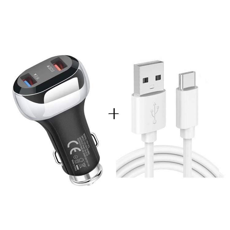 YSY-312 2 in 1 18W Portable QC3.0 Dual USB Car Charger + 1m 3A USB to USB-C / Type-C Data Cable Set(Black) - Car Charger by PMC TechLife | Online Shopping South Africa | PMC TechLife