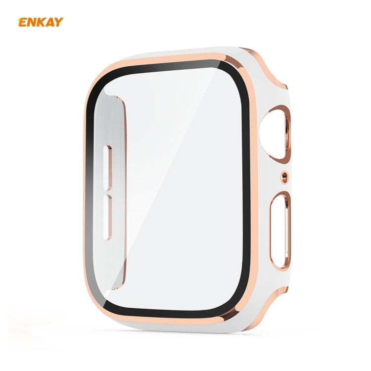 ENKAY Hat-Prince Full Coverage Electroplated PC Case + Tempered Glass Protector for Apple Watch Series 6 / 5 / 4 / SE 44mm(White+Champagne) - Watch Cases by ENKAY | Online Shopping South Africa | PMC TechLife | Buy Now Pay Later Mobicred