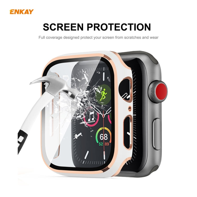 ENKAY Hat-Prince Full Coverage Electroplated PC Case + Tempered Glass Protector for Apple Watch Series 6 / 5 / 4 / SE 44mm(White+Champagne) - Watch Cases by ENKAY | Online Shopping South Africa | PMC TechLife | Buy Now Pay Later Mobicred