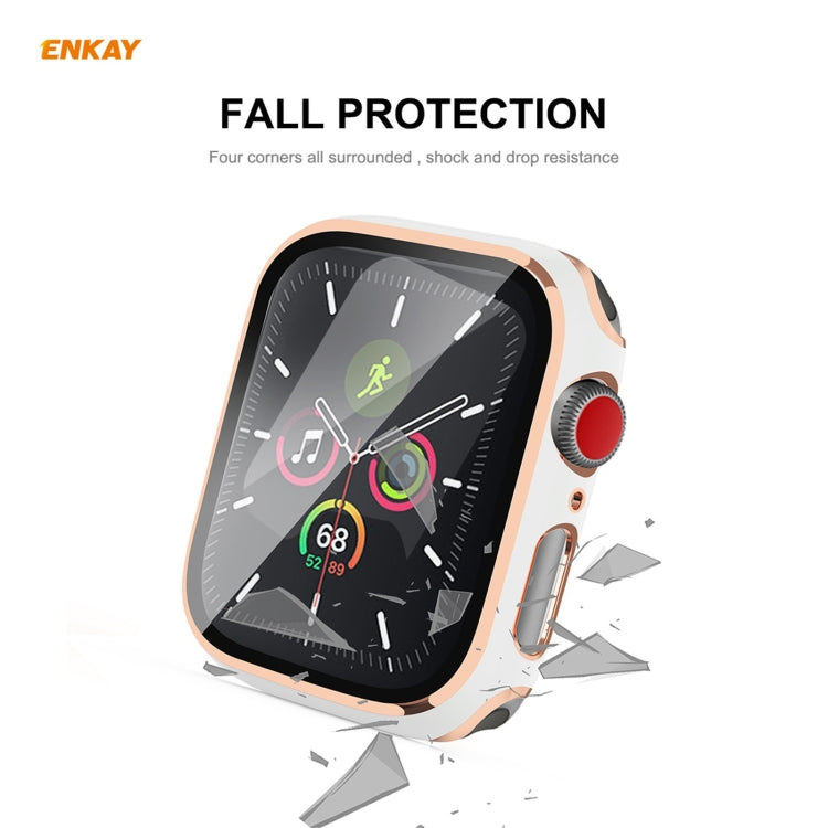 ENKAY Hat-Prince Full Coverage Electroplated PC Case + Tempered Glass Protector for Apple Watch Series 6 / 5 / 4 / SE 44mm(White+Silver) - Watch Cases by ENKAY | Online Shopping South Africa | PMC TechLife | Buy Now Pay Later Mobicred