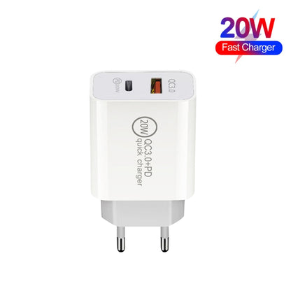 20W PD Type-C + QC 3.0 USB Interface Fast Charging Travel Charger with USB to 8 Pin Fast Charge Data Cable EU Plug - USB Charger by PMC Jewellery | Online Shopping South Africa | PMC Jewellery