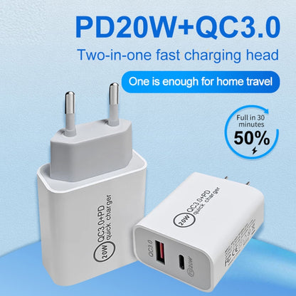 20W PD Type-C + QC 3.0 USB Interface Fast Charging Travel Charger with USB to 8 Pin Fast Charge Data Cable EU Plug - USB Charger by PMC Jewellery | Online Shopping South Africa | PMC Jewellery