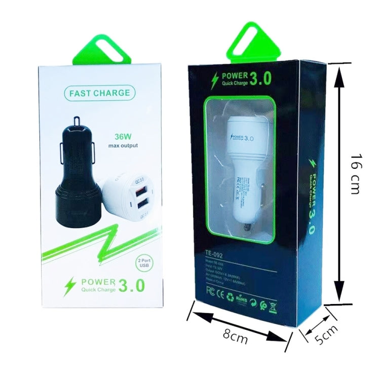 TE-092 36W Dual QC3.0 USB Fast Car Charger + USB to Micro USB Data Cable Set(White) - Car Charger by PMC TechLife | Online Shopping South Africa | PMC TechLife