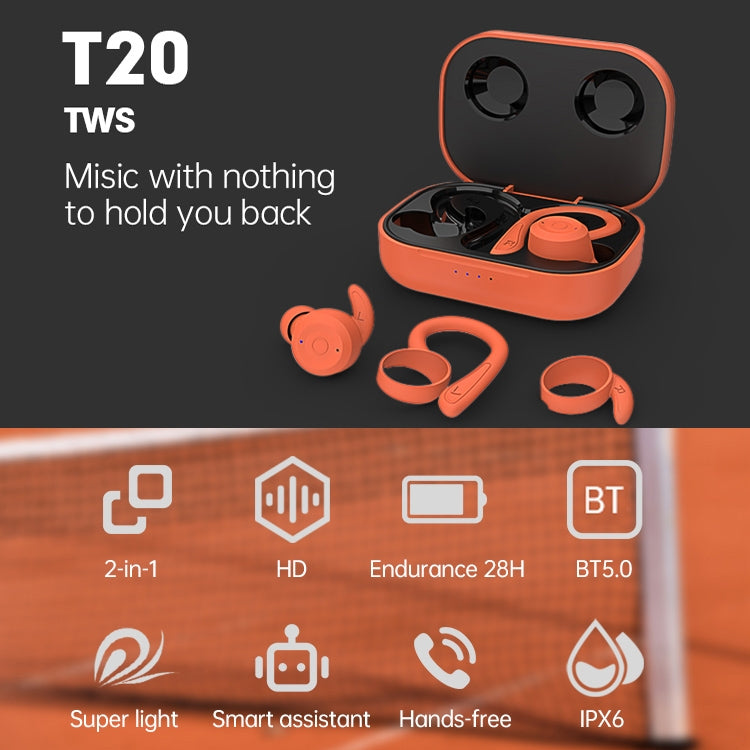 T20 TWS Bluetooth Hooks Wireless Sports Headphones with Charging Box IPX6 Waterproof Noise-cancelling Earphones(Pink) - Bluetooth Earphone by PMC TechLife | Online Shopping South Africa | PMC TechLife