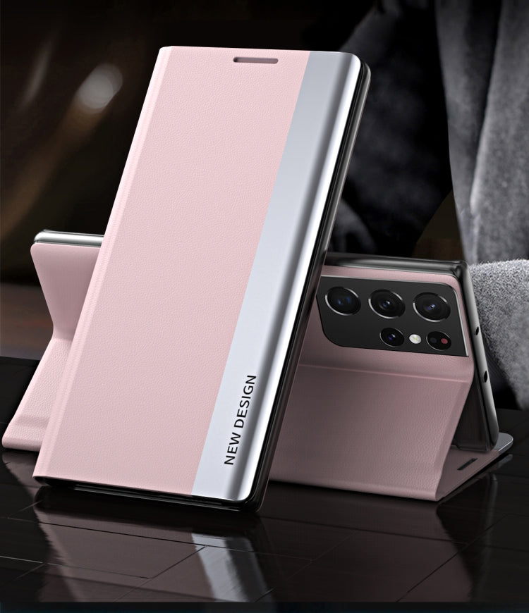 For Samsung Galaxy S21 Ultra 5G Side Electroplated Magnetic Ultra-Thin Horizontal Flip Leather Case with Holder(Pink) - free shipping - PMC TechLife - Order now!