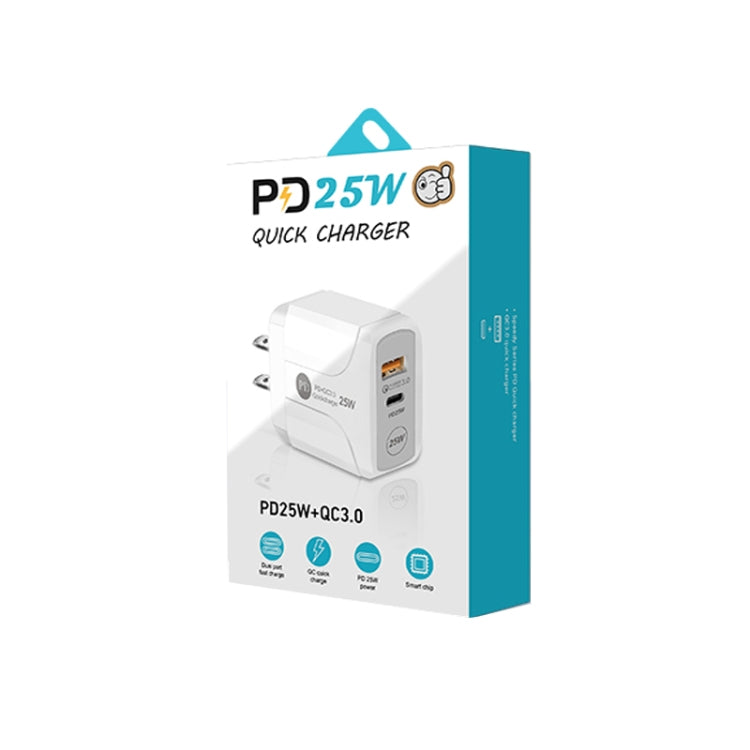 PD25W USB-C / Type-C + QC3.0 USB Dual Ports Fast Charger with USB to 8 Pin Data Cable, US Plug(White) - USB Charger by PMC Jewellery | Online Shopping South Africa | PMC Jewellery | Buy Now Pay Later Mobicred