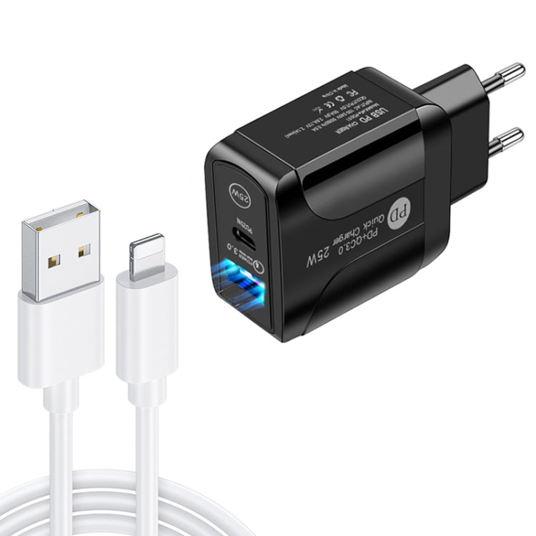 PD25W USB-C / Type-C + QC3.0 USB Dual Ports Fast Charger with USB to 8 Pin Data Cable, EU Plug(Black) - USB Charger by PMC Jewellery | Online Shopping South Africa | PMC Jewellery