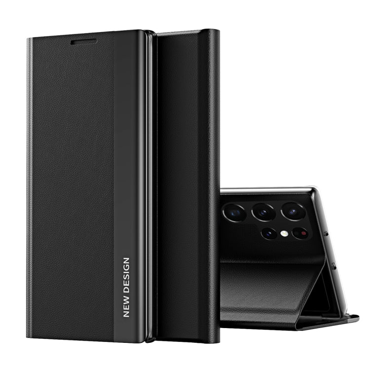 For Samsung Galaxy S22 Ultra 5G Side Electroplated Magnetic Ultra-Thin Horizontal Flip Leather Case with Holder(Black) - free shipping - PMC TechLife - Order now!